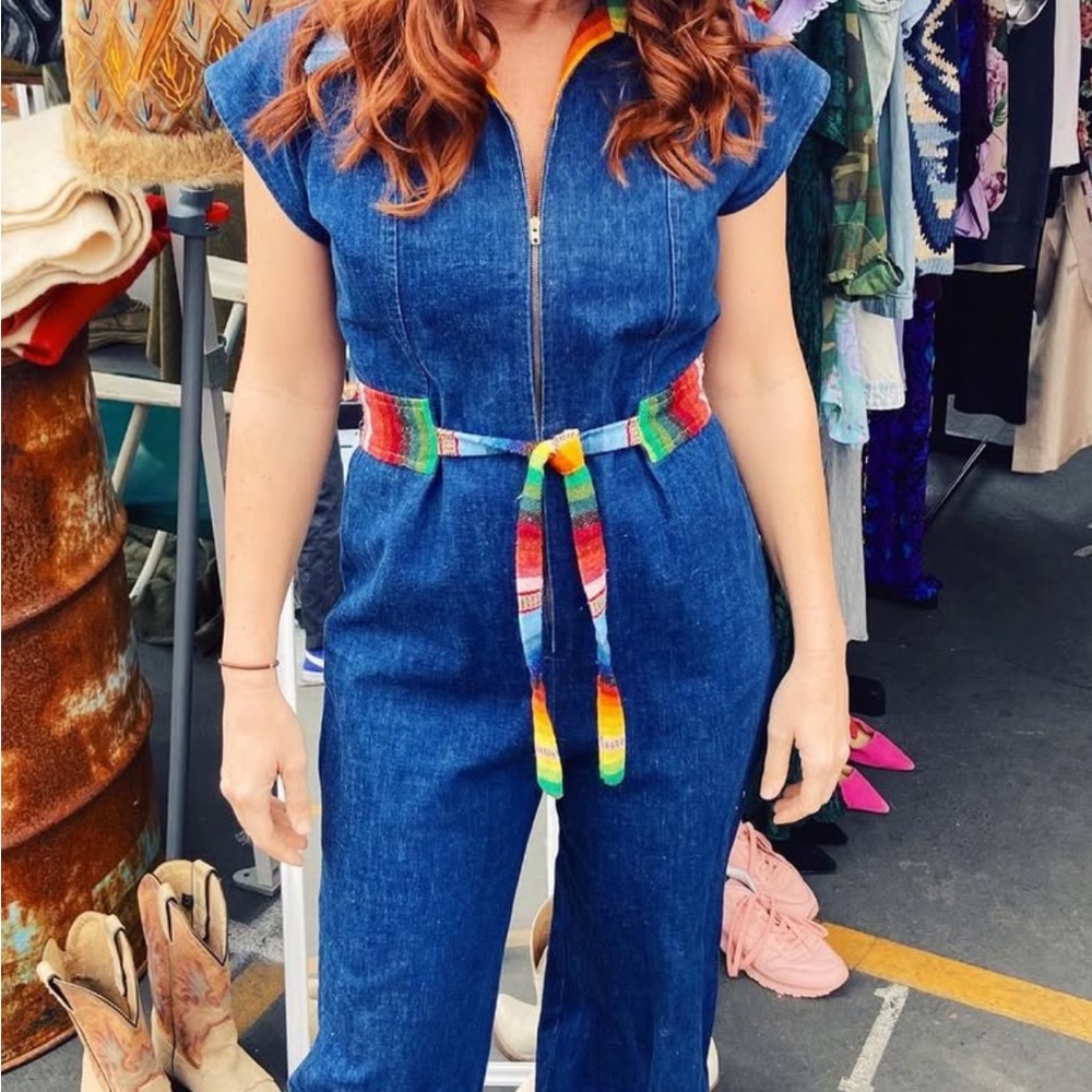 Vintage Denim Jumpsuit with Rainbow Belt